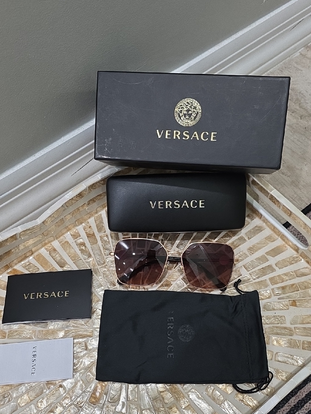 Versace Brown Gradient Square Sunglasses with Brushed Rosy Gold Frame